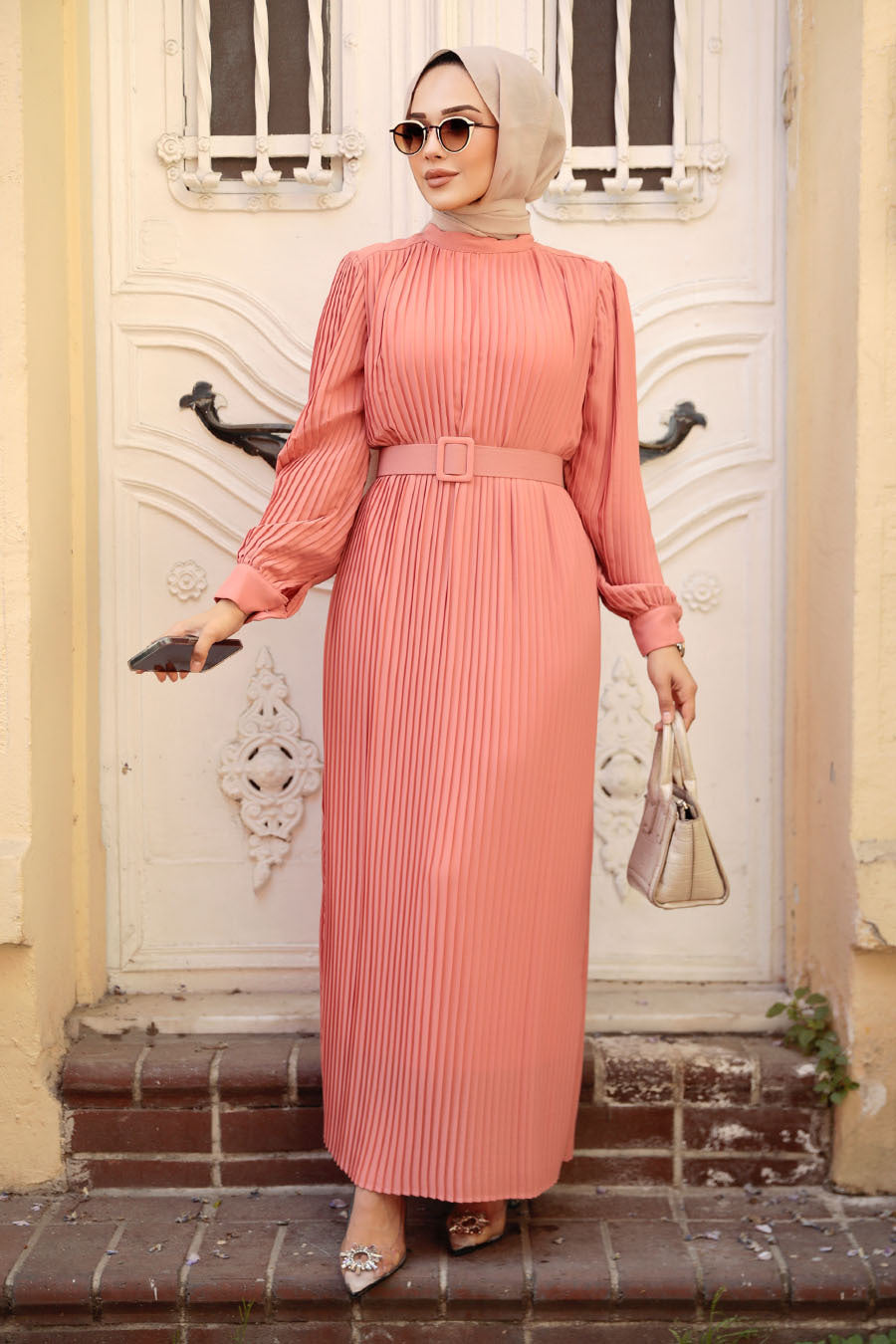 Salmon Pink Pleated Dress