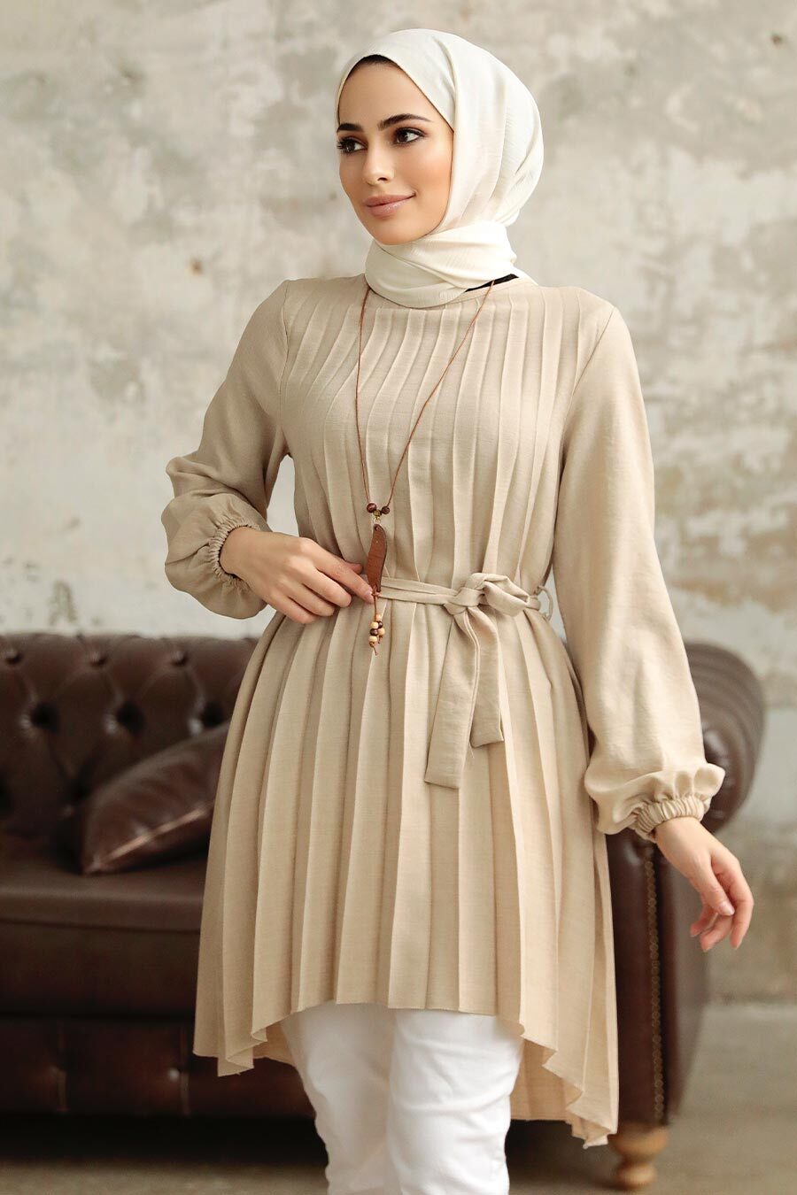 Pleated Beige Tunic
