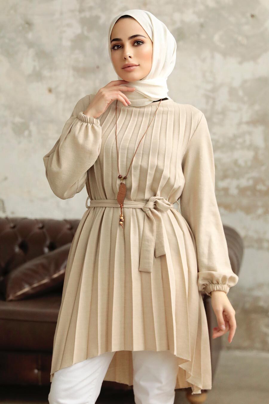 Pleated Beige Tunic