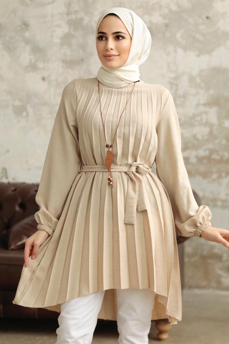Pleated Beige Tunic