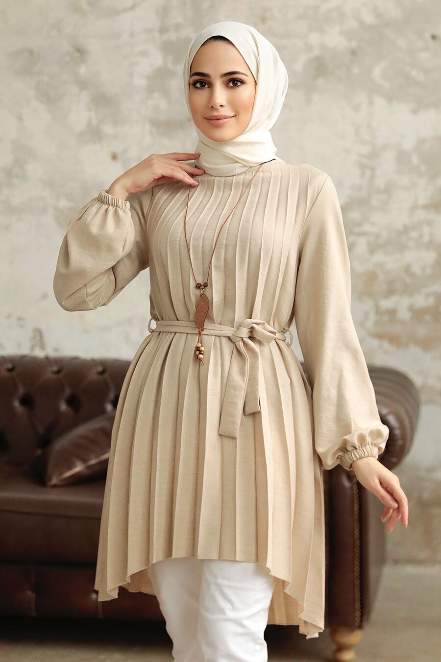 Pleated Beige Tunic